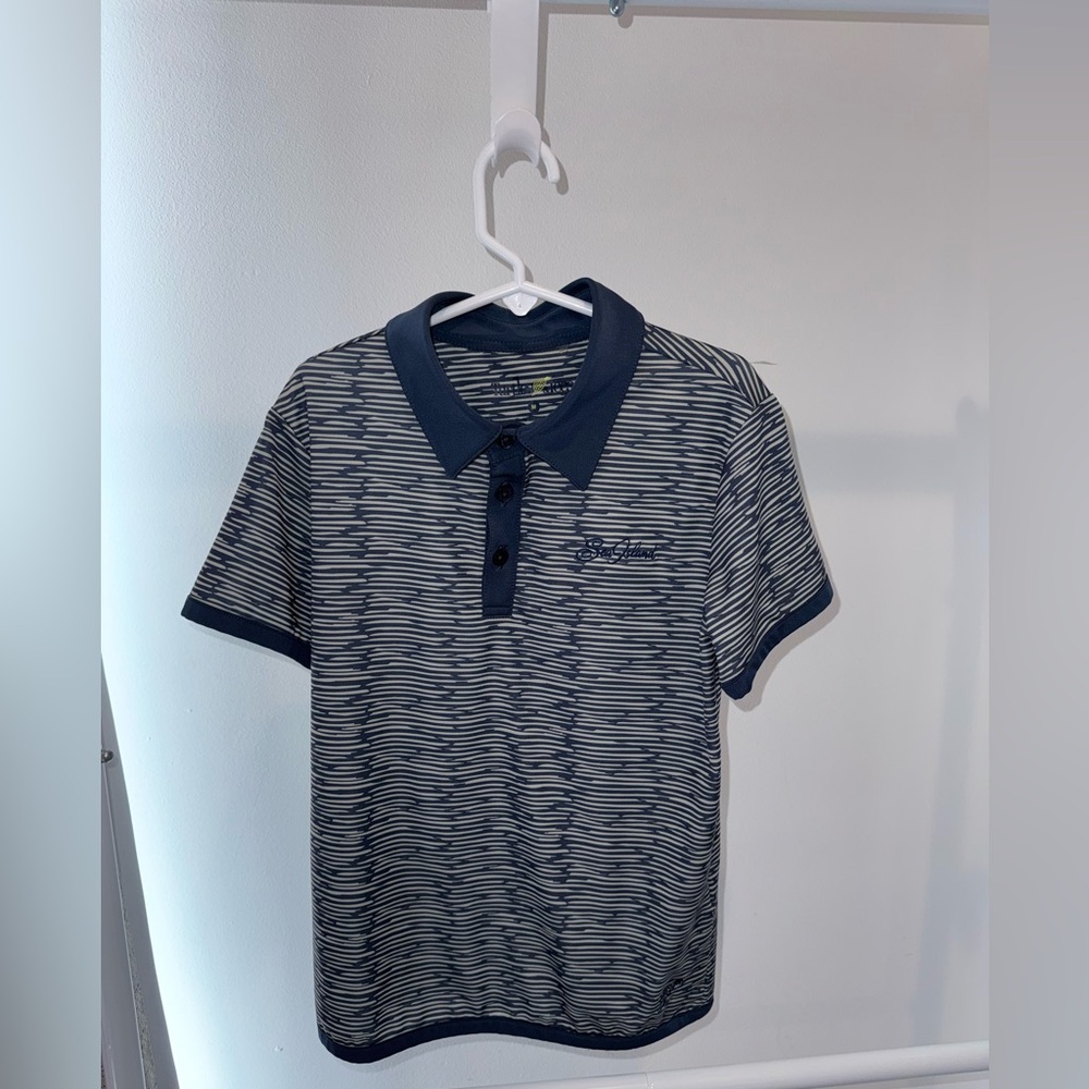 Turtles and Tees Blue & Green Striped Boys Golf Polo Embroidered “Sea Island” M